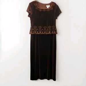 Vintage Jessica Howard Dress Size 16 Brown Velvet Embroidered Peplum Renaissance